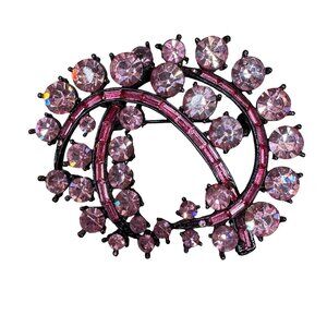 Statement Pink Large Brooch On Black Metal Round Baguette Rhinestones Vintage